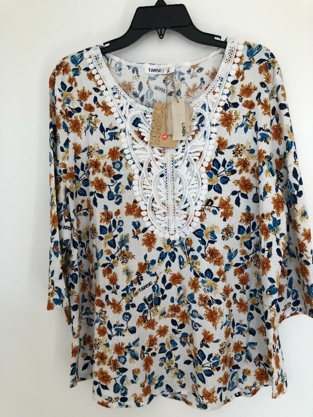 TARSE Linen Tops Boho Blouses 3/4 Sleeve Casual  Shirts Size Large